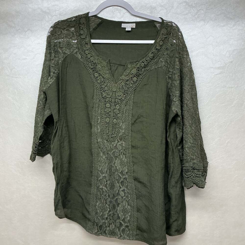 Westport 1962 Women's Olive Green 3/4 Sleeve Crochet Lace Trim Blouse